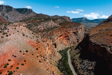 An aerial view of the Bighorn Scenic Byway in Wyoming