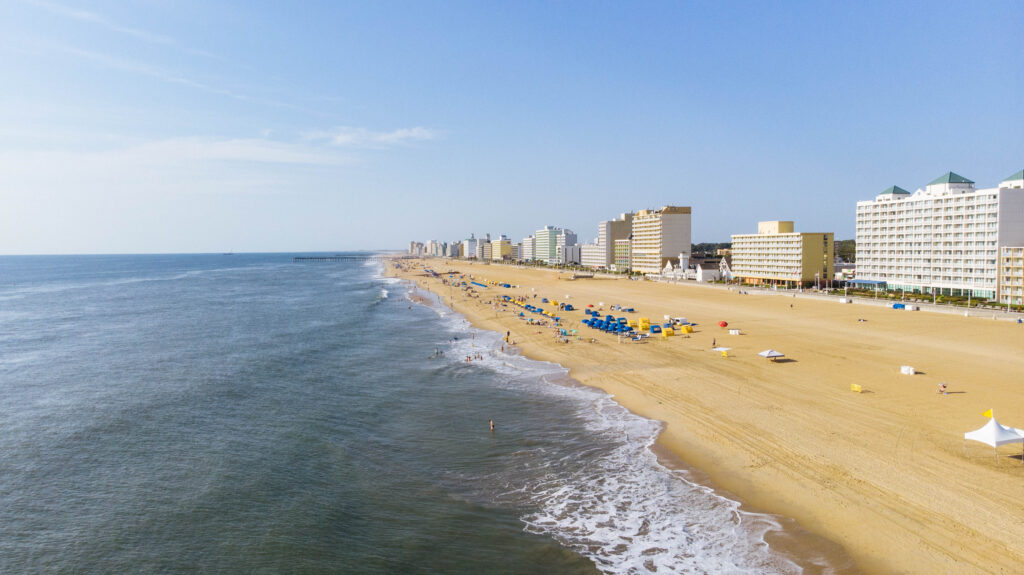 An aerial view of the Atlantic Ocean and hotels along the beach in Virginia Beach