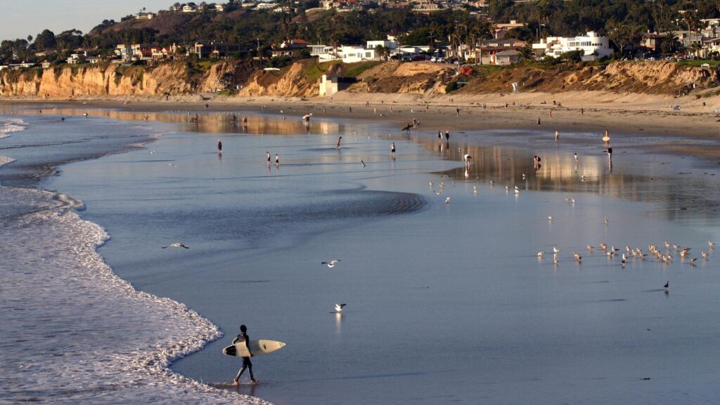 Surfers and people wading in the water at a beach in San Diego