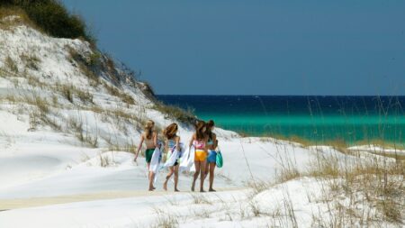 Four girls holding towels walking across white sand to get to the beach