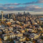 An aerial view of the Seattle skyline at dusk