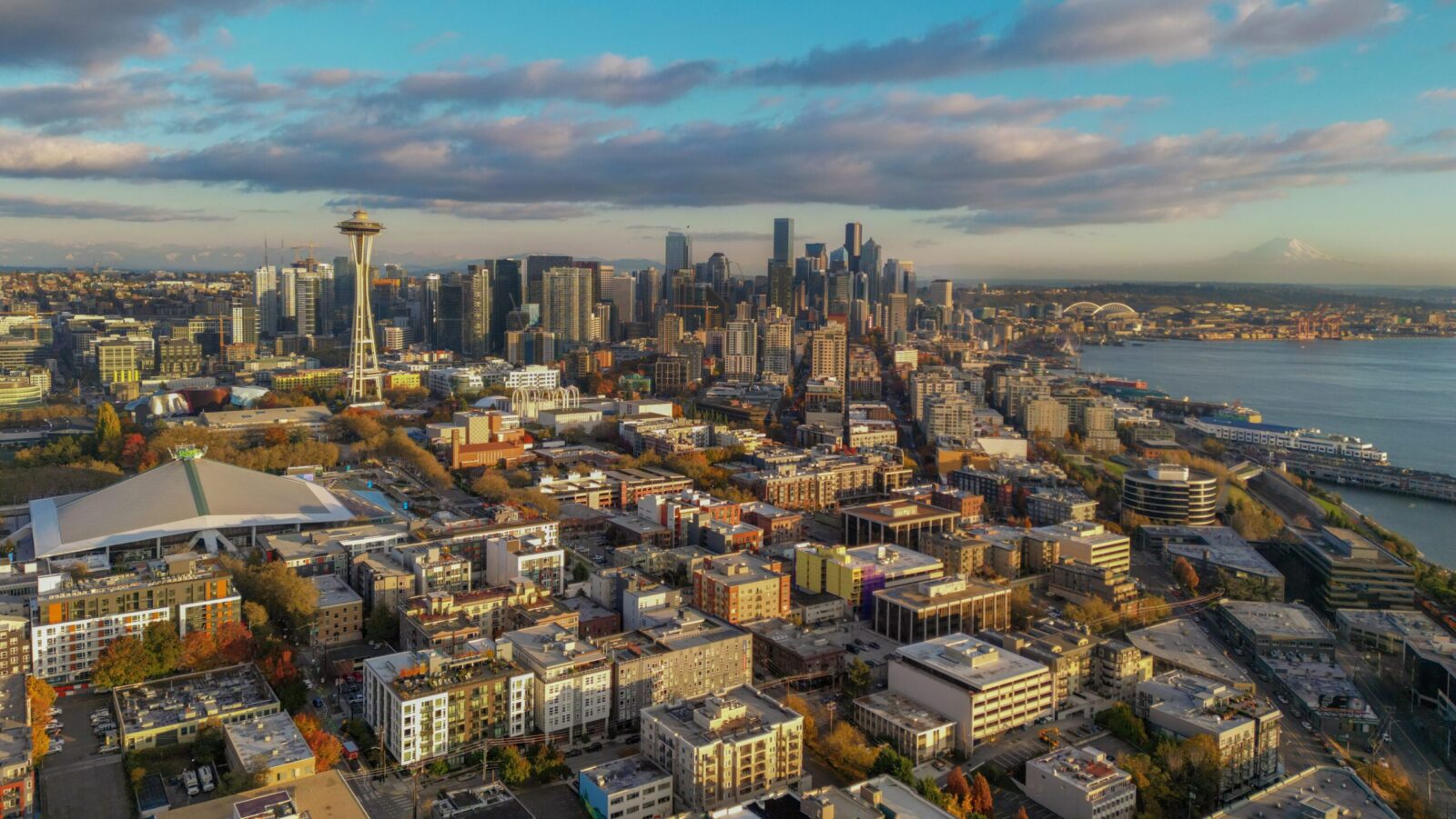 An aerial view of the Seattle skyline at dusk