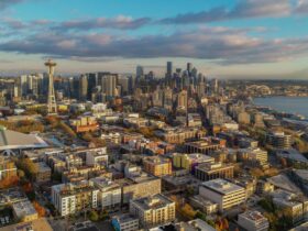 An aerial view of the Seattle skyline at dusk