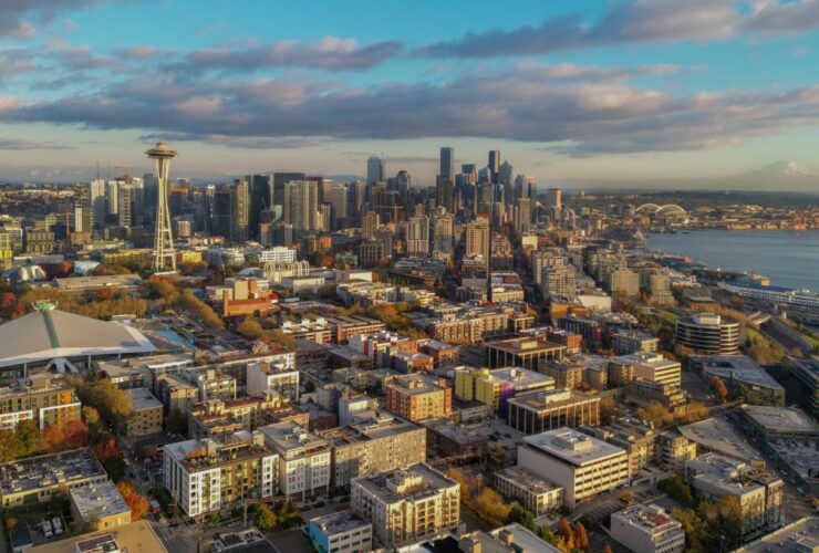 An aerial view of the Seattle skyline at dusk