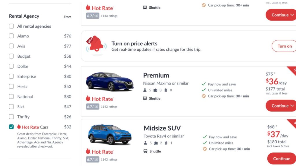 screenshot of Hotwire Hot Rates car rental listings