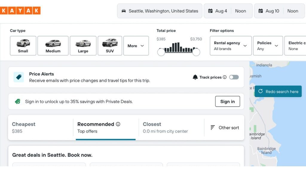screenshot of Kayak car rental landing page showing features the site offers for car rental searches