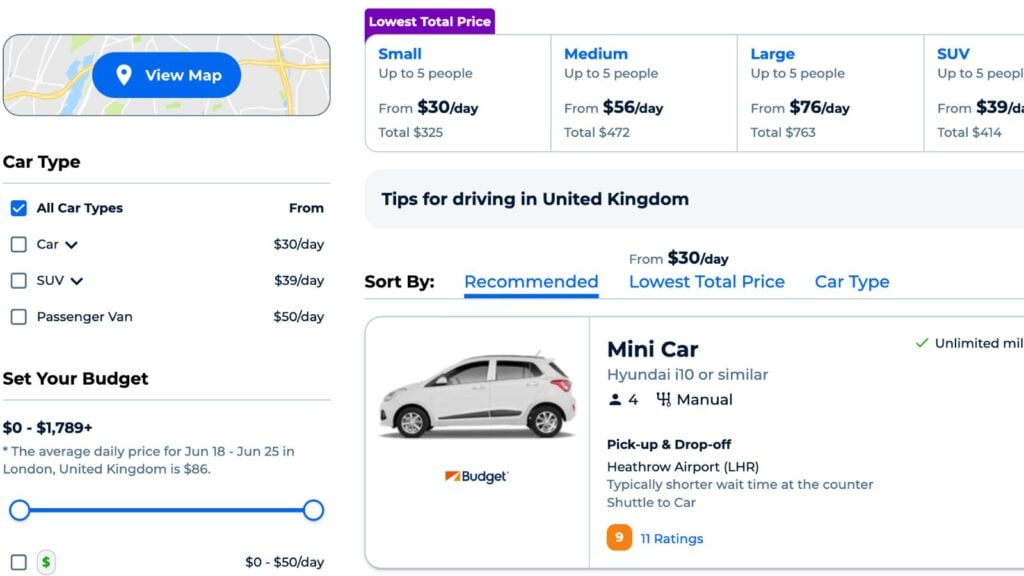 screenshot of Priceline's car rental booking deals with a view of vehicle types and filters