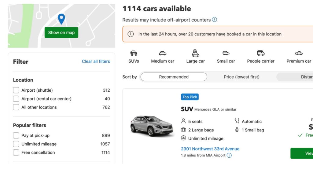 RentalCars.com screenshot showing layout of car rental listings