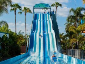 People riding on mats down blue waterslides