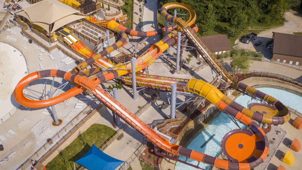 An aerial view of the Cheetah Chase water coaster at Splashin' Safari
