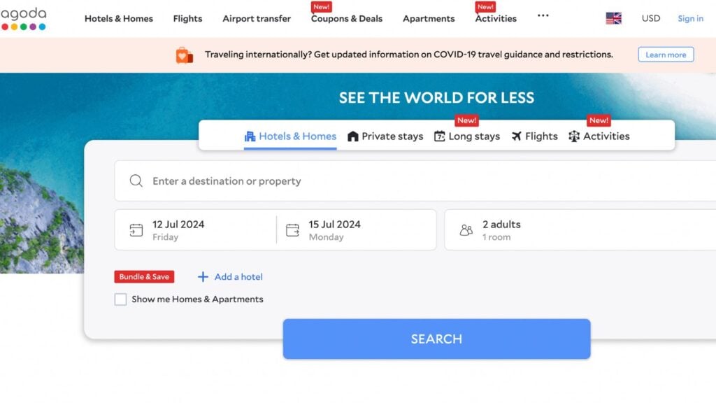 Agoda hotel booking website homepage screenshot showing features and search box