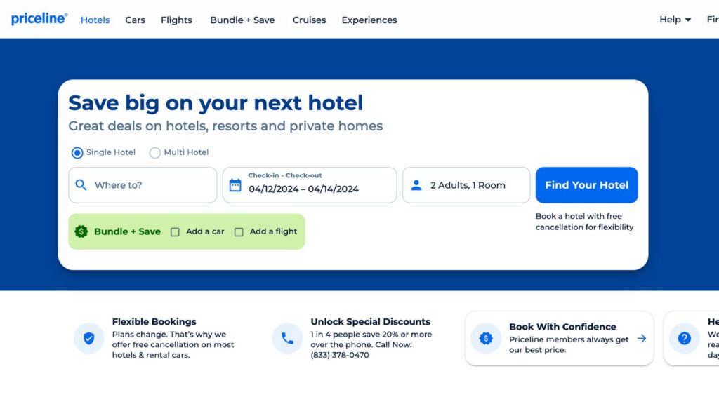 Priceline hotel booking site homepage