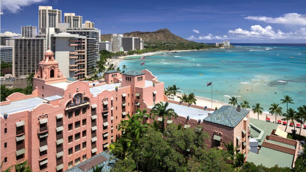 view of the Royal Hawaiian and Waikiki Beach with Diamond Head in the distance