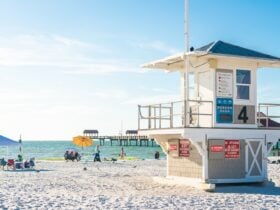 View of lifeguard tower on Clearwater beach, Florida