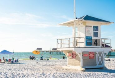 View of lifeguard tower on Clearwater beach, Florida