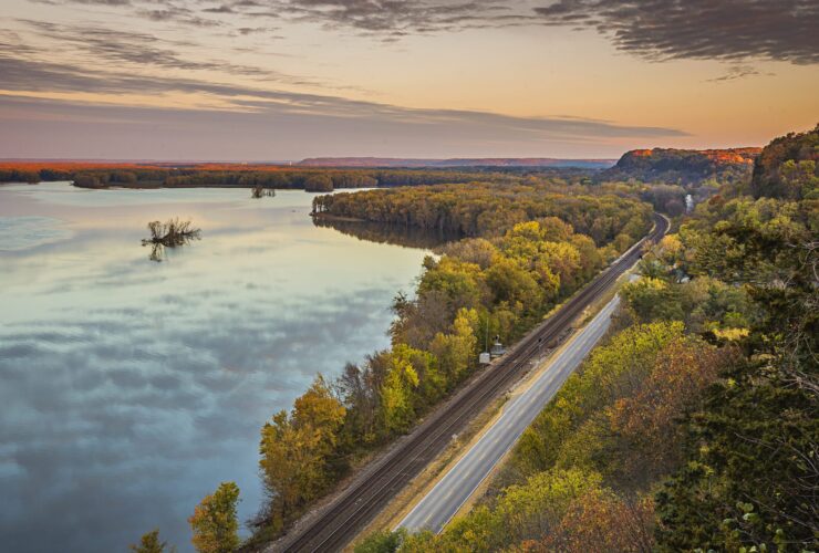An aerial view of Great River Road in Illinois