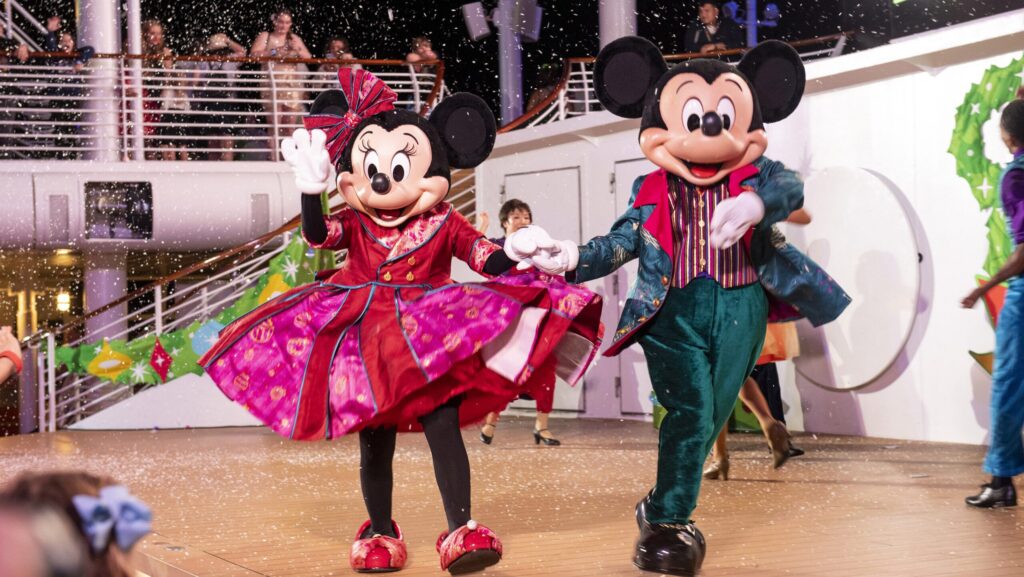 Mickey and Minnie Mouse at a deck party on Disney Cruise 