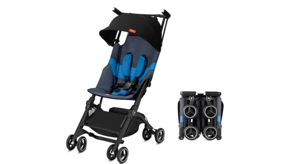 gb Pockit+ All-Terrain, Ultra Compact Lightweight Travel Stroller with Canopy and Reclining Seat, shown both folded and expanded 
