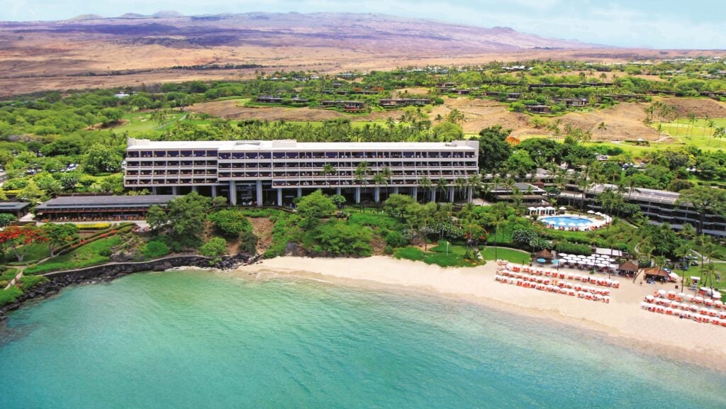 Aerial view of the Mauna Kea Beach Hotel, part of Mauna Kea Resort on the Island of Hawaii