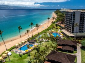 An aerial view of the beach and pools at Royal Lahaina Resort & Bungalows on Maui