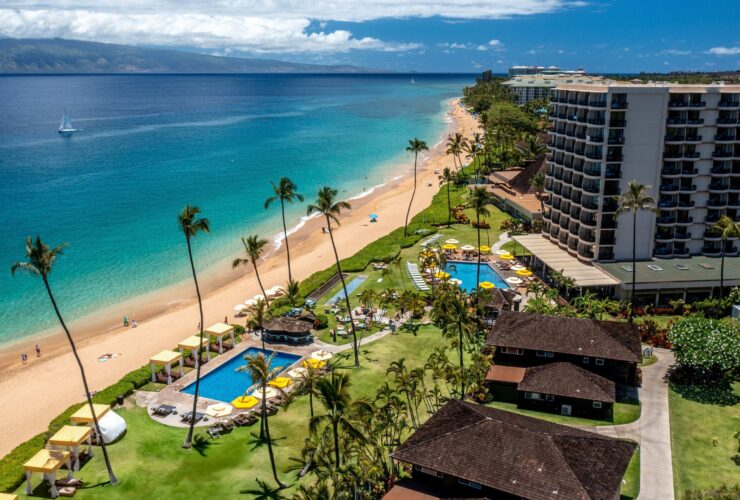 An aerial view of the beach and pools at Royal Lahaina Resort & Bungalows on Maui