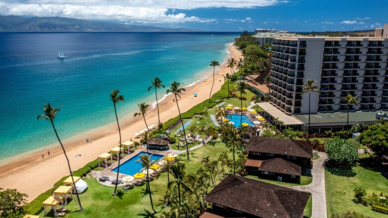An aerial view of the beach and pools at Royal Lahaina Resort & Bungalows on Maui