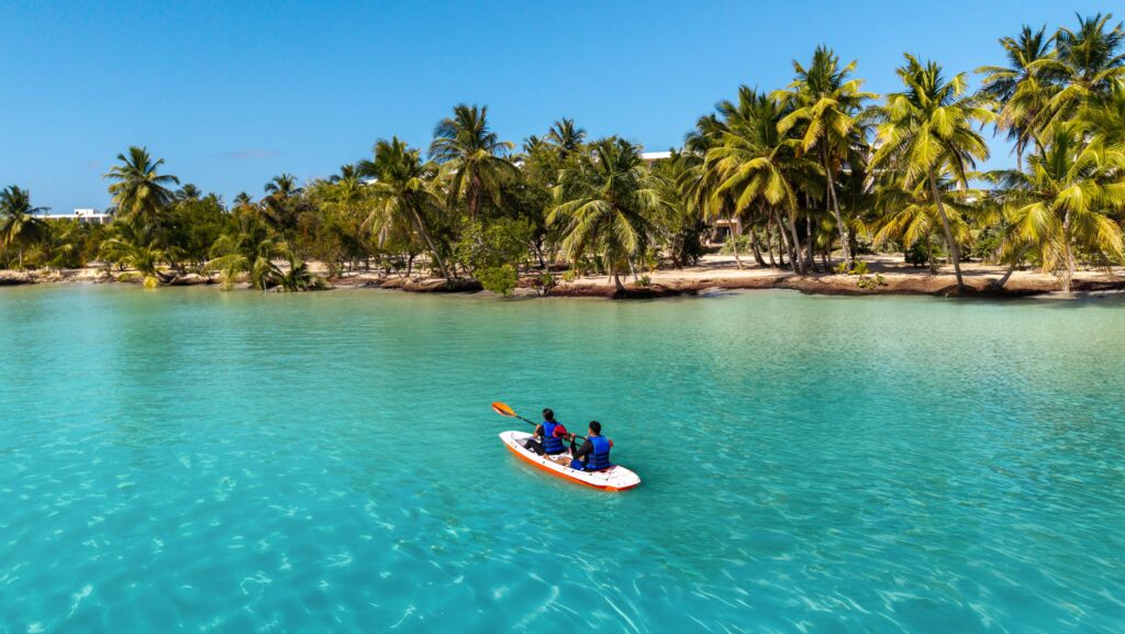 Two people paddling a kayak in turquoise water near a palm-tree-lined beach