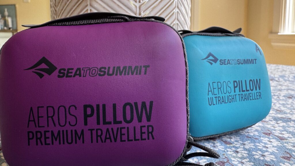 close up of compressed inflatable travel pillows