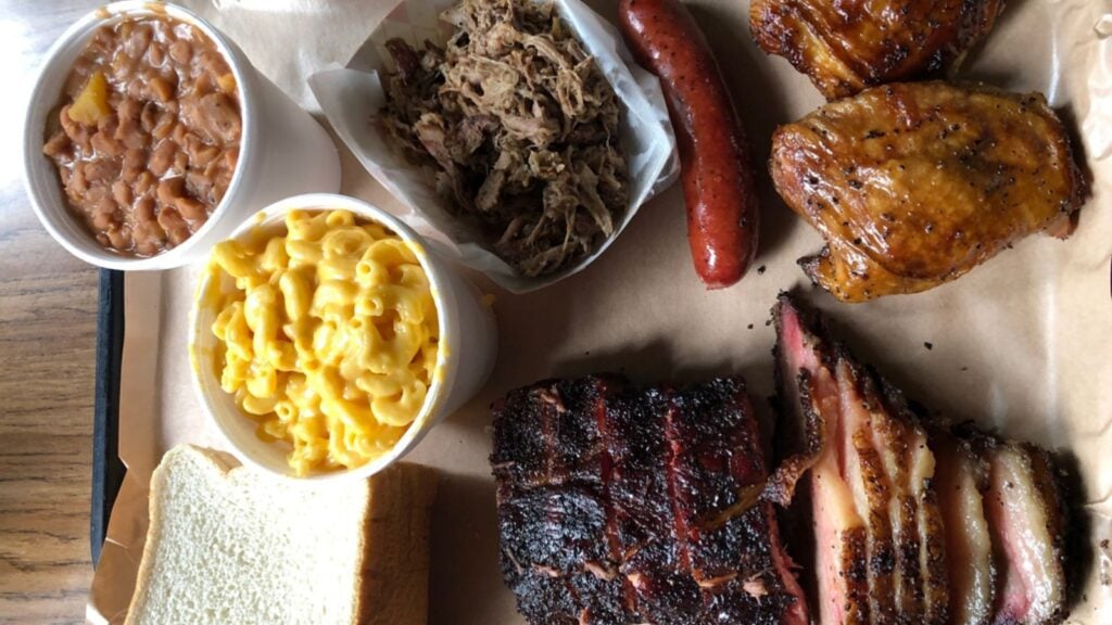 Texas style bbq in San Antonio with meat, beans, sausage, mac and cheese