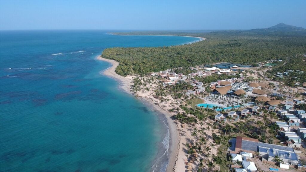 aerial view of water, beach, and Club Med Michès Playa Esmeralda in the Dominican Republic