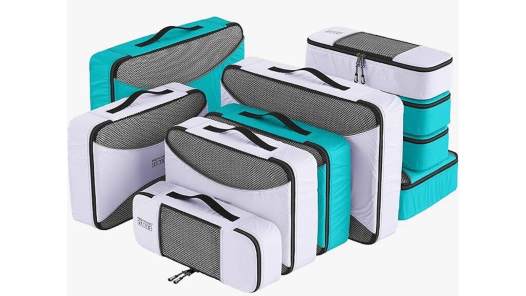 Packing cubes large set of 10 in white and teal