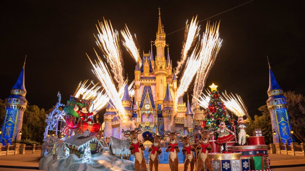 Performance in front of Cinderella Castle at Christmas time.