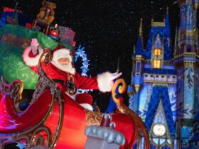 Santa in front of Cinderella Castle at Walt Disney World