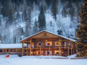 A cabin and tree decorated for the holidays in the snow