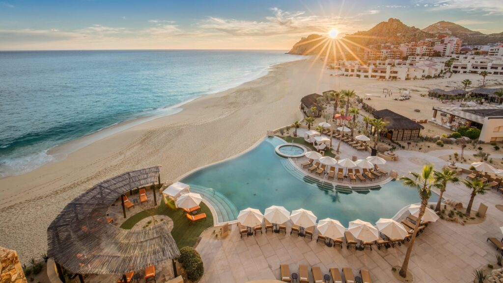 An aerial view of the beach and pool at Grand Solmar Land’s End