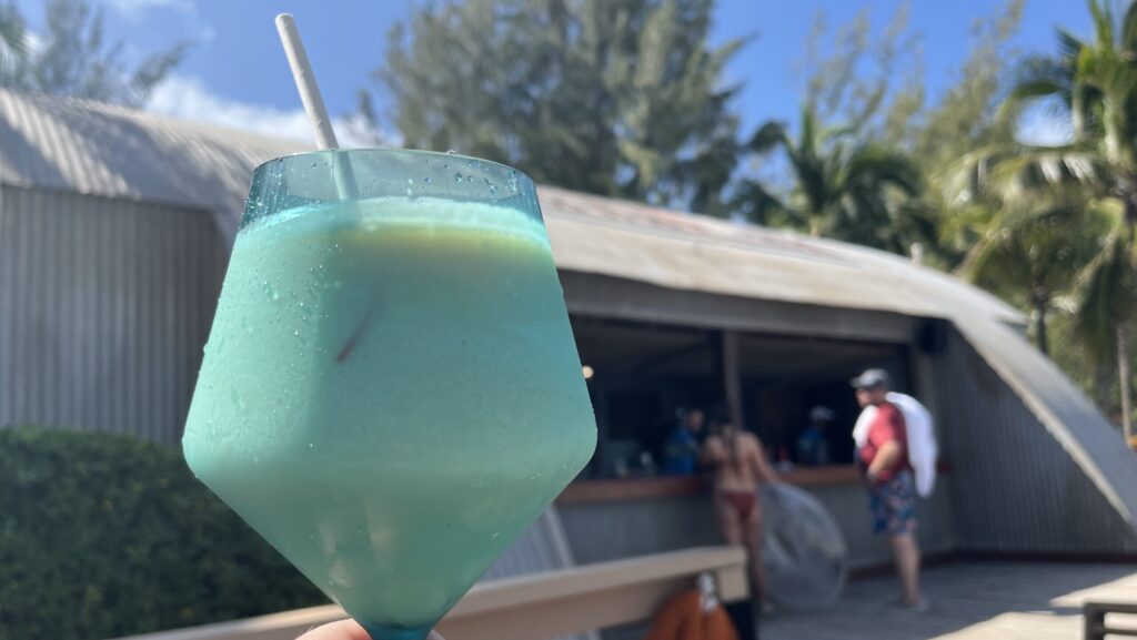 Cocktail in a blue glass at Castaway Cay
