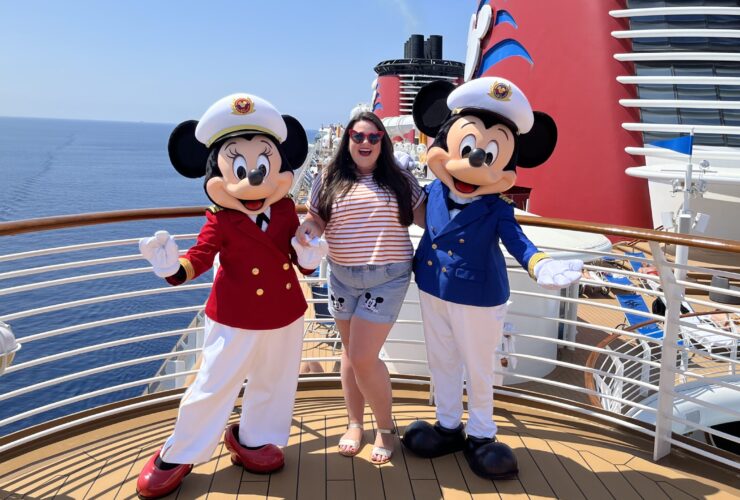 Megan with Captain Mickey and Captain Minnie on Disney Cruise Line