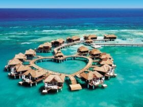 Overwater bungalows in the shape of a heart in
