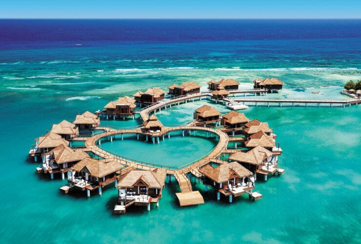 Overwater bungalows in the shape of a heart in