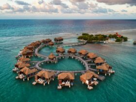 An aerial view of the overwater bungalows at Sandals Royal Caribbean