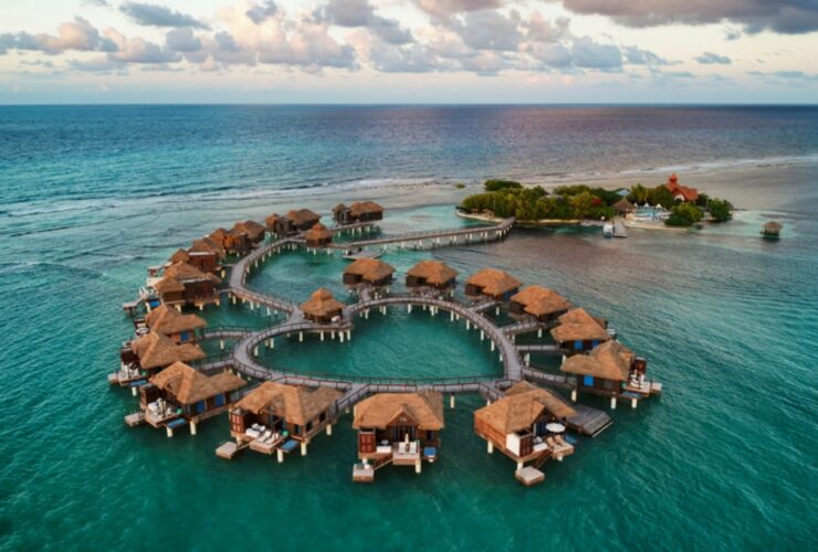 An aerial view of the overwater bungalows at Sandals Royal Caribbean