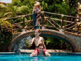A mom and daughter squirting a squirt gun from a bridge at a dad and son in the pool