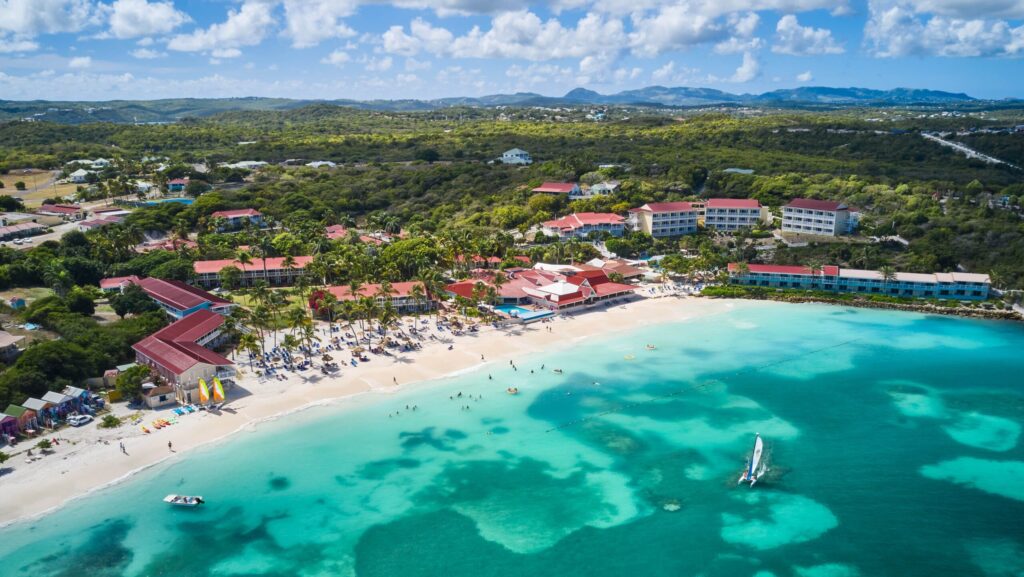 An aerial view of the beach and the rest of Pineapple Beach Club Antigua
