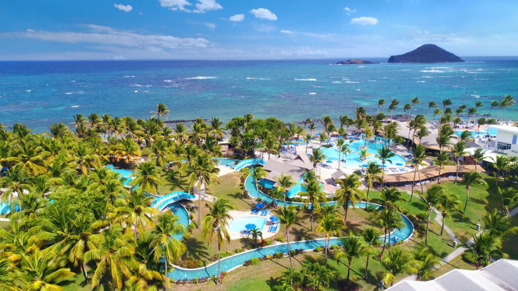 An aerial view of of the water park and beach at Coconut Bay Beach Resort and Spa