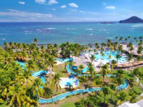 An aerial view of of the water park and beach at Coconut Bay Beach Resort and Spa