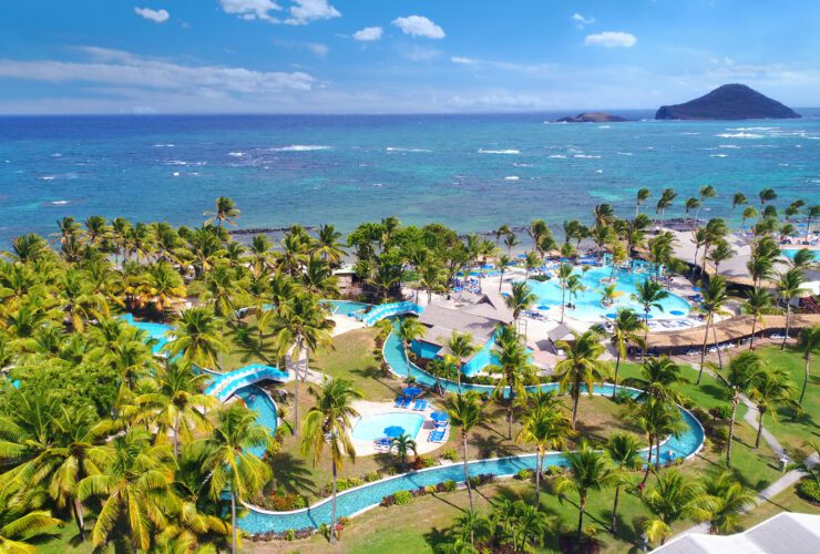 An aerial view of of the water park and beach at Coconut Bay Beach Resort and Spa