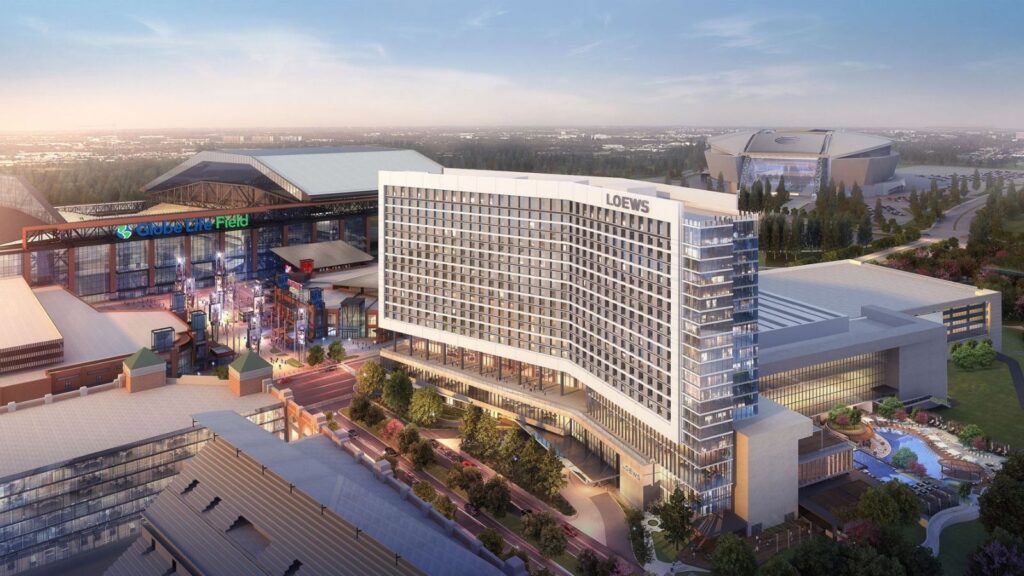 Artist's rendering of the new Loews Arlington Hotel situated between Globe Life Field and AT&T Stadium (Credit: Loews Hotels)