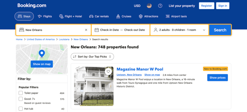 Screenshot of Booking.com website showing New Orleans hotel options