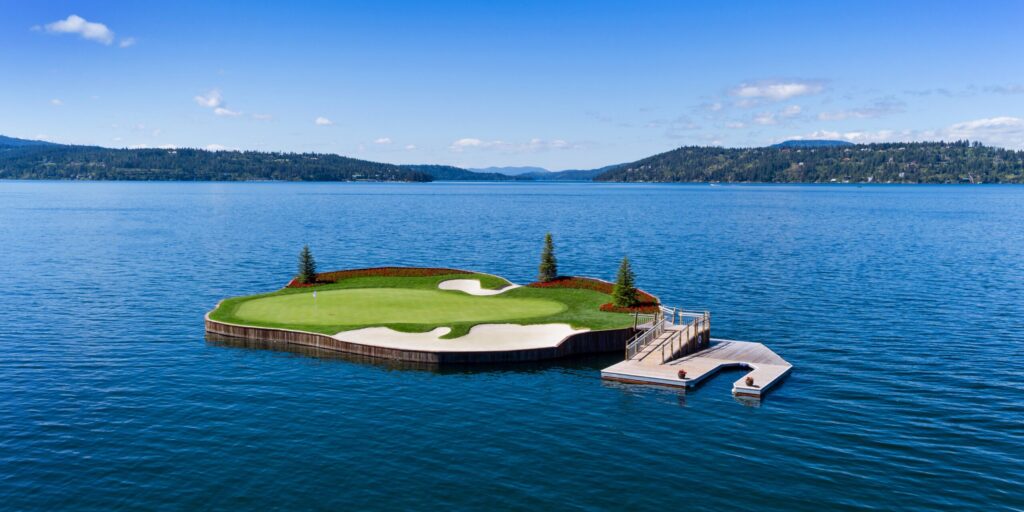 Floating golf green in the middle of a lake