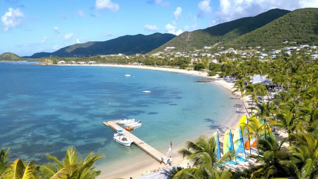 An aerial view of a dock and watercraft in Morris Bay at Curtain Bluff